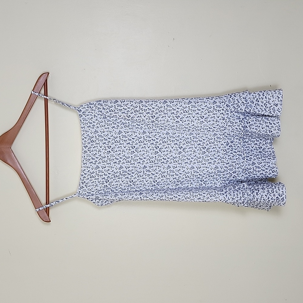Polly Women's White with Small Blue Flowers, Spaghetti Strap, Lined Mini Dress - Picture 2 of 10